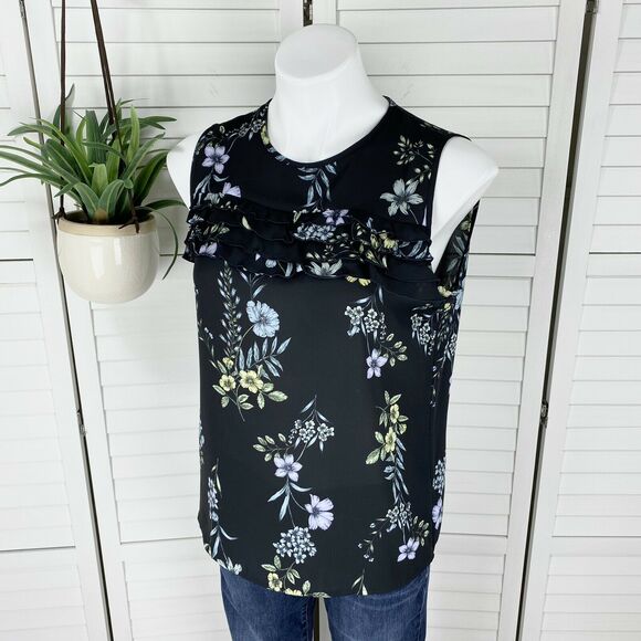 Karl Lagerfeld Paris Black Floral Sleeveless Blouse Top Sheer Ruffle Tank Size S - Picture 1 of 8